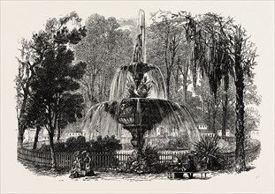 VIEW IN THE PARK, SAVANNAH, UNITED STATES OF AMERICA, US, USA, 1870s engraving