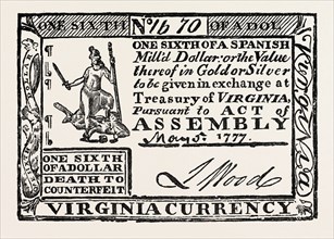 VIRGINIA PAPER MONEY, UNITED STATES OF AMERICA, US, USA, 1870s engraving