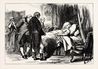 GEORGE WASHINGTON ON HIS DEATHBED, UNITED STATES OF AMERICA, US, USA, 1870s engraving