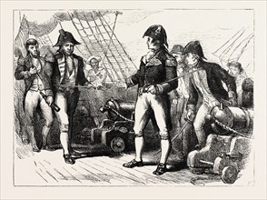 THE OFFICERS OF THE CHESAPEAKE OFFERING THEIR SWORDS, 1870s engraving