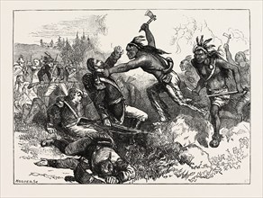 ATTACK OF INDIANS AT FORT DEARBORN, UNITED STATES OF AMERICA, US, USA, 1870s engraving
