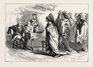 VISIT OF PONTIAC AND THE INDIANS TO MAJOR GLADWIN, US, USA, 1870s engraving