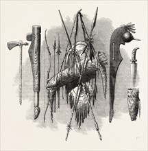 INDIAN WEAPONS; SPEAR, AXE, BOW AND ARROW, US, USA, 1870s engraving