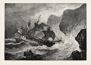 SOMERS RUNS HIS SHIP ON SHORE, 1870s engraving