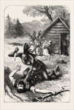 MASSACRE OF SETTLERS BY INDIANS IN NORTH AMERICA, US, USA, 1870s engraving