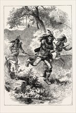 FLIGHT OF INDIANS AFTER THE MASSACRE, US, USA, 1870s engraving