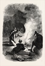 PILGRIM FATHERS ROUND A WATCH-FIRE, 1870s engraving