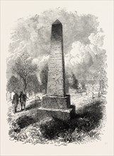 MONUMENT OVER BRADFORD'S GRAVE AT NEW PLYMOUTH, UNITED STATES OF AMERICA, US, USA, 1870s engraving