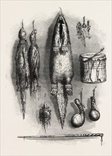 INDIAN MEDICINE BAG, MYSTERY WHISTLE, RATTLES, AND DRUM, US, USA, 1870s engraving