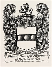 WILLIAM PENN'S BOOK-PLATE, US, USA, 1870s engraving