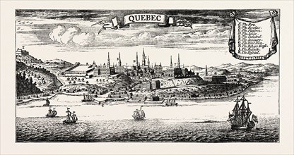 OLD VIEW OF QUEBEC, from Popple' s American Atlas, 1730, CANADA, 1870s engraving
