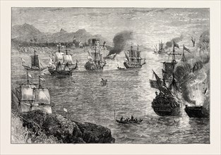 MORGAN'S DEFEAT OF THE SPANISH FLEET. (From the History of the Buccaneers), 1870s engraving