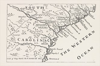 MAP OF SOUTH CAROLINA IN 1730, BY H. MOLL, UNITED STATES OF AMERICA, US, USA, 1870s engraving