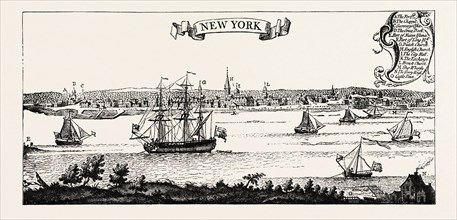 OLD VIEW OF NEW YORK. From Popple's American Atlas, 1730. UNITED STATES OF AMERICA, US, USA, 1870s