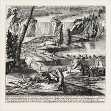 NIAGARA AND THE BEAVER DAMS. From Moll's New and Exact Map, 1715. NORTH AMERICA, US, USA, 1870s