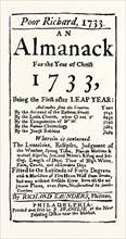 FACSIMILE OF THE TITLE PAGE OF POOR RICHARD'S ALMANACK, 1733, US, USA, 1870s engraving