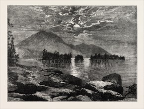 VIEW ON LAKE GEORGE, NORTH AMERICA, US, USA, 1870s engraving