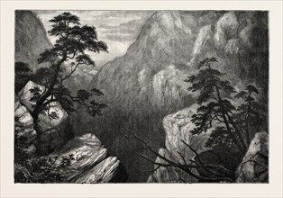 VIEW OF THE SIERRA MADRE, ROCKY MOUNTAINS, UNITED STATES OF AMERICA, US, USA, 1870s engraving