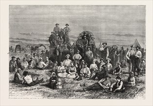 AN ENCAMPMENT OF MORMON CONVERTS IN THE DESERT, NORTH AMERICA, US, USA, 1870s engraving