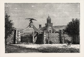 THE EAGLE-GATE OF BRIGHAM YOUNG'S SCHOOL, 1870s engraving