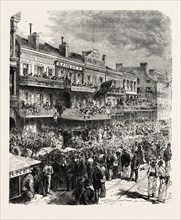 A STREET IN NEW ORLEANS ON AN ELECTION DAY, UNITED STATES OF AMERICA, US, USA, 1870s engraving