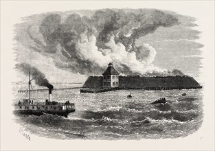 DESTRUCTION OF FORT OCRACOKE, UNITED STATES OF AMERICA, US, USA, 1870s engraving