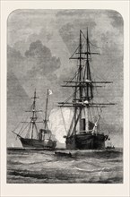 THE SAN JACINTO STOPPING THE TRENT, 1870s engraving