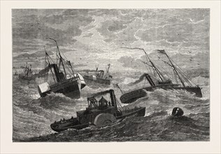 BURNSIDE'S EXPEDITION CROSSING HATTERAS BAR, UNITED STATES OF AMERICA, US, USA, 1870s engraving