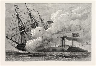 THE MERRIMAC SINKING THE CUMBERLAND, AMERICAN CIVIL WAR, UNITED STATES OF AMERICA, US, USA, 1870s