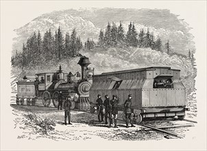 A RAILROAD BATTERY, AMERICAN CIVIL WAR, UNITED STATES OF AMERICA, US, USA, 1870s engraving