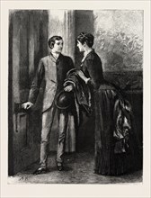 DRAWN BY ARTHUR HOPKINS, LEAVING, MAN, WOMAN, engraving 1884, life in Britain, UK, britain,