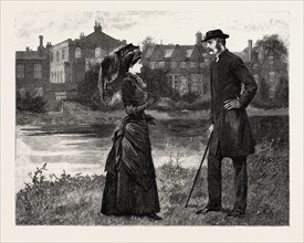 DRAWN BY ARTHUR HOPKINS, IN THE GARDEN, engraving 1884, life in Britain, UK, britain, british,