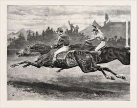 DRAWN BY JOHN CHARLTON, HORSE RACING, engraving 1884, life in Britain, UK, britain, british,