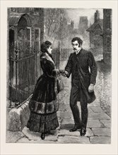 DRAWN BY JOHN CHARLTON, STREET, MAN, WOMAN, ENCOUNTER, engraving 1884, life in Britain, UK,