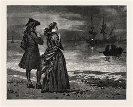 DRAWN BY CHARLES GREEN We stood upon the shore and watched, engraving 1884, life in Britain, UK,