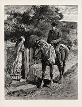 DRAWN BY JOHN CHARLTON, NEAR THE GATE, MAN, WOMAN, engraving 1884, life in Britain, UK, britain,