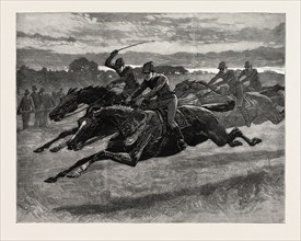 DRAWN  BY JOHN CHARLTON, HORSE RACING, engraving 1884, life in Britain, UK, britain, british,