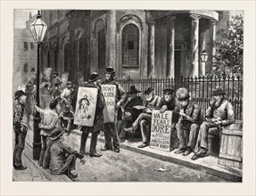 SANDWICH MEN IN THE STRAND LONDON, ENGRAVING 1884, UK, britain, british, europe, united kingdom,