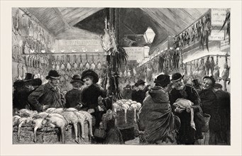 LEADENHALL MARKET AT CHRISTMAS EVE ENGRAVING 1884, a covered market in London, located on