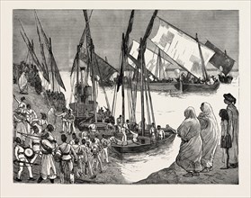 DEPARTURE OF THE MUDIR'S TROOPS FROM DONGOLA FOR AMBUKOL FROM A SKETCH BY MR. F. VILLIERS, OUR