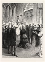 THE QUEEN AT THE PUBLIC CHRISTENING OF THE INFANT DUKE OF ALBANY IN ESHER CHURCH, engraving 1884,