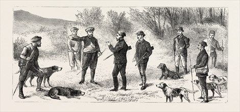 NATIVES DIRECTING THE SHOOTING PARTY WHERE TO FIND BIG GAME, engraving 1884