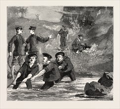 WE GO SEINING AND MAKE A BONFIRE IN THE WOODS, engraving 1884