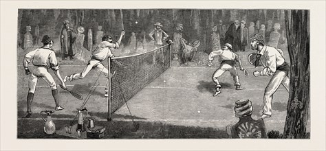 WE FIND A JOLLY PLACE IN THE CEMETERY FUR LAWN-TENNIS, engraving 1884