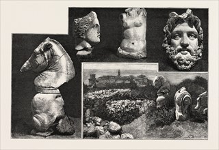 DISCOVERY OF ROMAN REMAINS AT CIVITA LAVINIA THE ANCIENT LANUVIUM, ITALY, engraving 1884