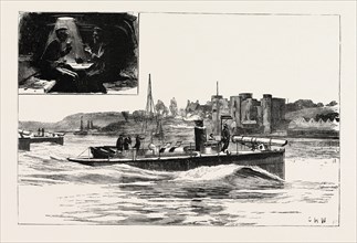 ANCIENT DEFENCE AND MODERN OFFENCE, TORPEDO BOATS PASSING UPNOR CASTLE, engraving 1884