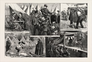 SKETCHES AT THE VOLUNTEER CAMP, WIMBLEDON, engraving 1884, UK, britain, british, europe, united