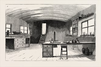GRANTON QUARRY, NEAR EDINBURGH, MICROSCOPE ROOM AND LIBRARY, engraving 1884, UK, britain, british,