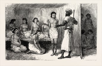 AND SOLD HER AT A PUBLIC MARKET IN THE SOUDAN, engraving 1884, SLAVE TRADE, SLAVE, SLAVERY, SLAVES,