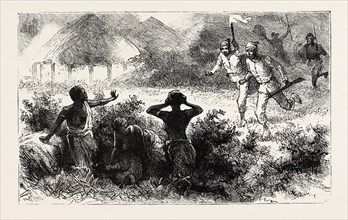 AND MAKING A NIGHT RAID, HE CARRIED HER OFF WITH OTHER WOMEN, engraving 1884, SLAVE TRADE, SLAVE,